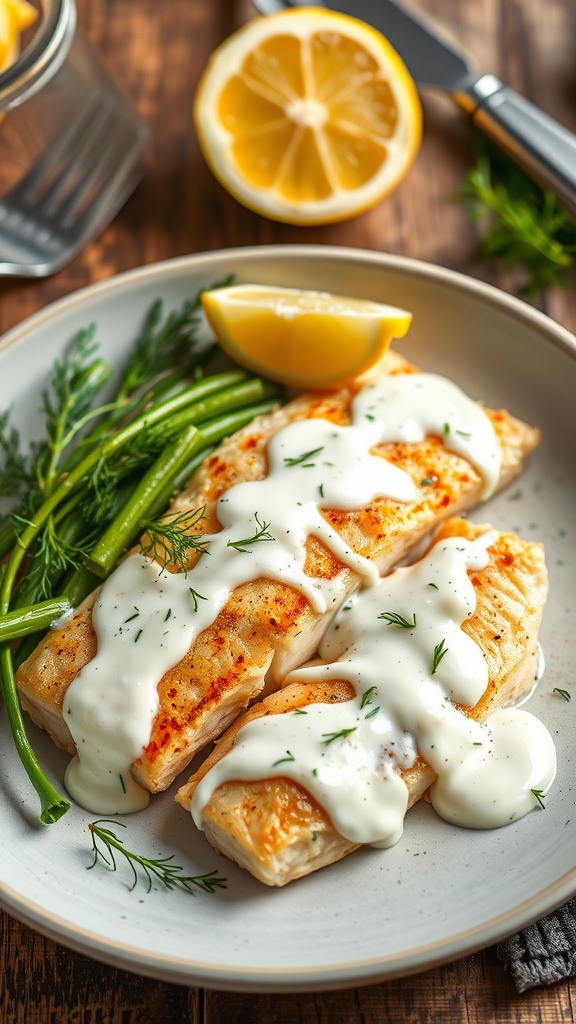 Tilapia fillet with creamy lemon dill sauce, garnished with dill and lemon wedges on a rustic table.